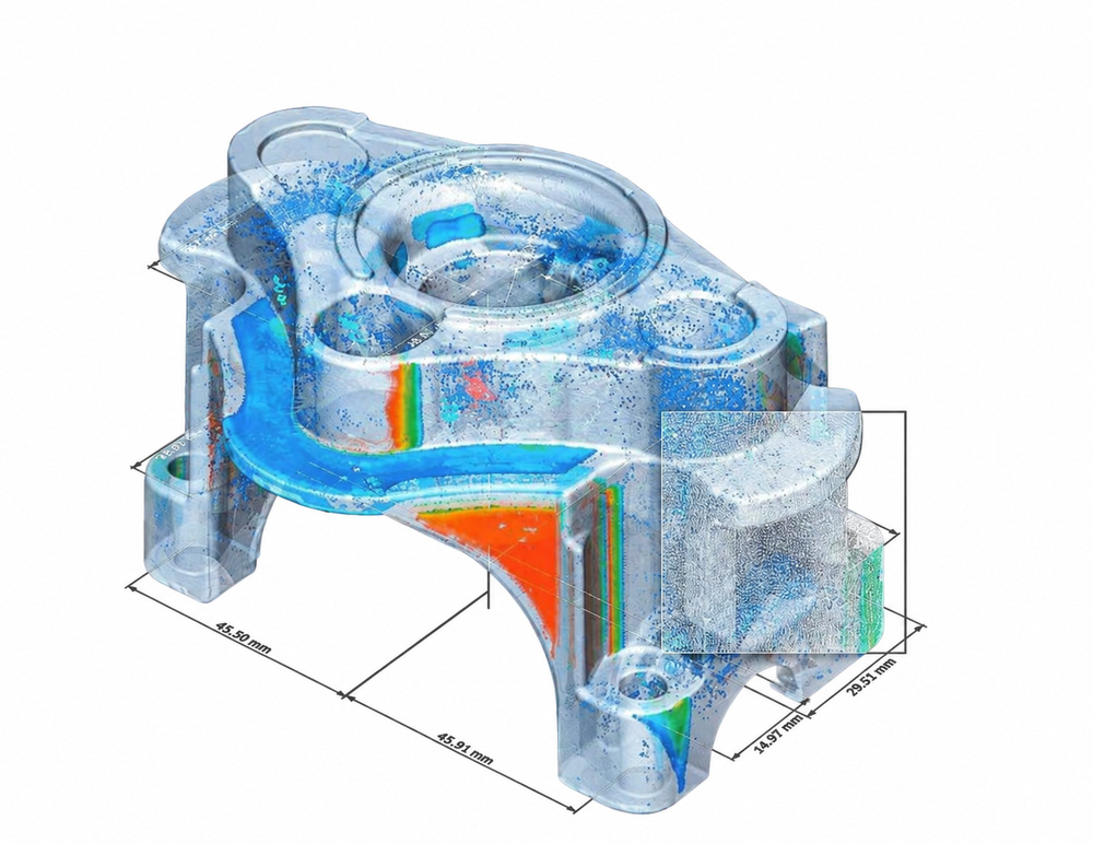 Visualizzazione tomografica di un componente con geometrie interne, quote e mappe cromatiche
